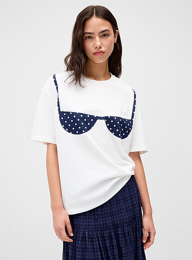 Things Between Off White Polka-dotted bra loose T-shirt for women