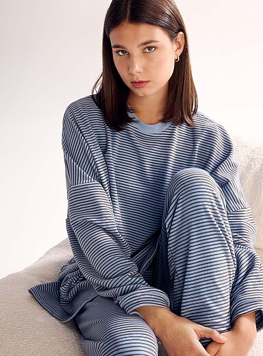 Things Between Blue Blue and brown striped polar fleece long-sleeve T-shirt for women