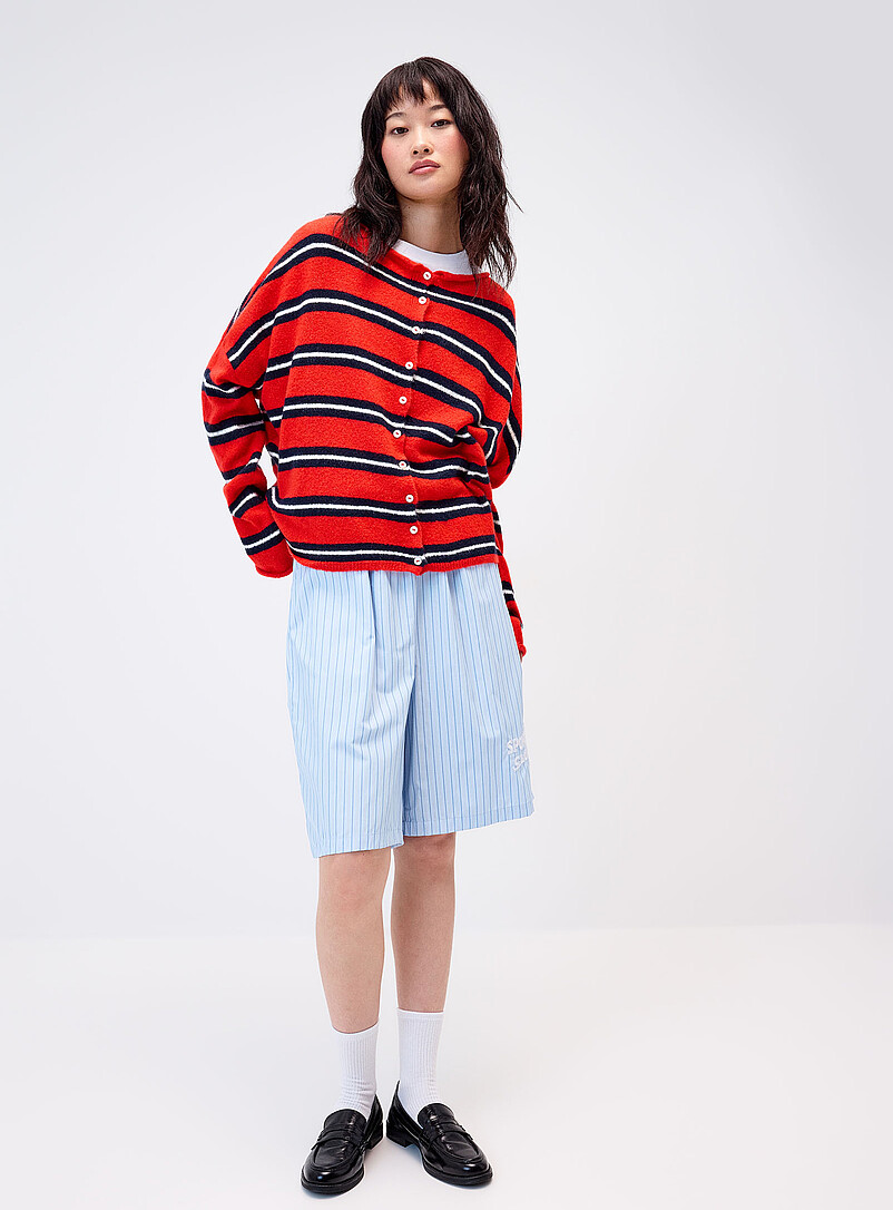 Things Between Pink Rolled hem striped cardigan for women