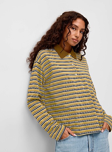 Things Between Olive Green Tricolour stripes loose polo shirt for women