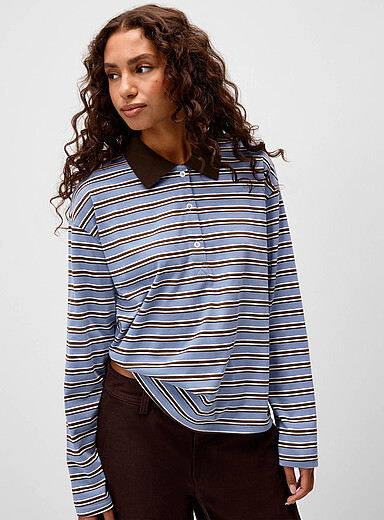 Things Between Slate Blue Tricolour stripes loose polo shirt for women