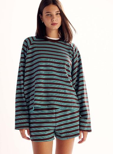 Things Between: Le t-shirt ample ratin&eacute; ray&eacute; Sarcelle - Turquoise pour femme