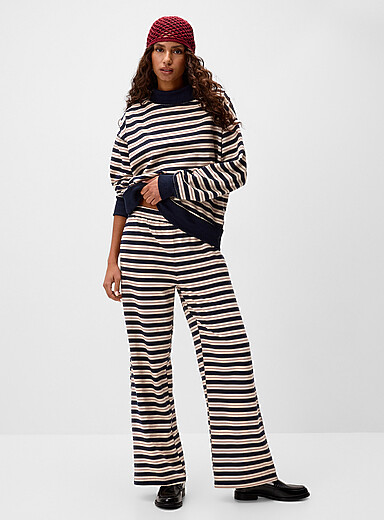 Things Between Navy/Midnight Blue Horizontal stripes elastic waist pant for women