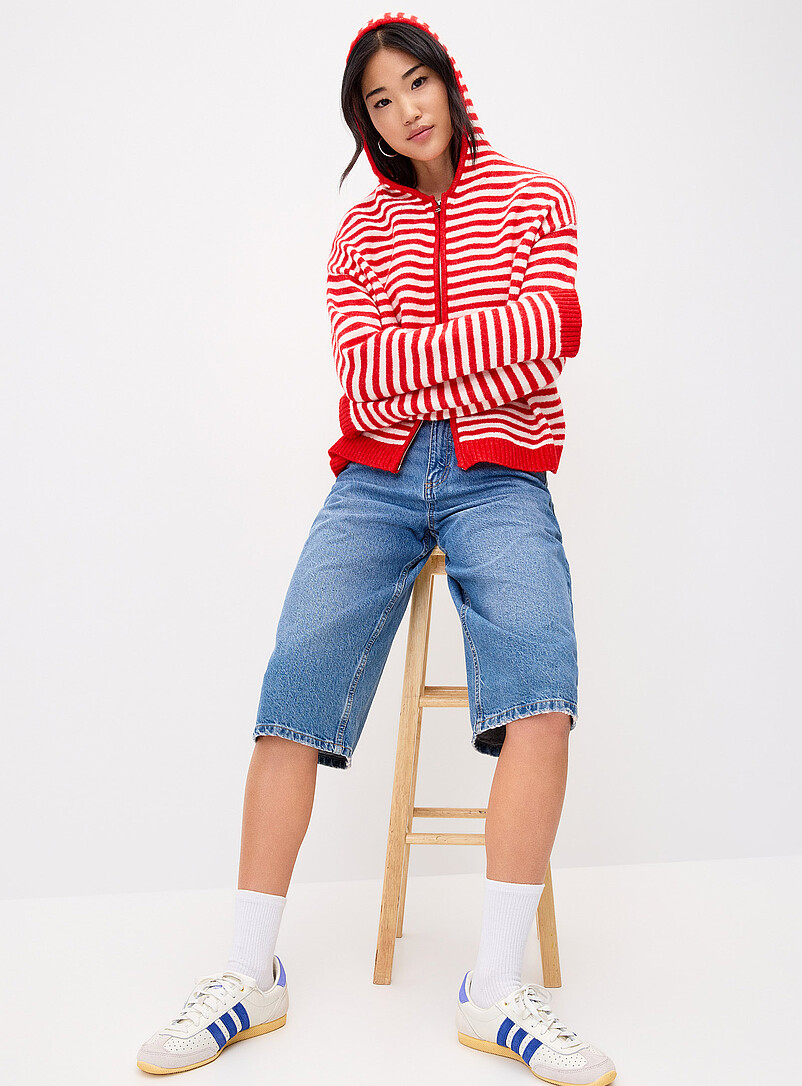 Striped Zippered Hooded Cardigan
