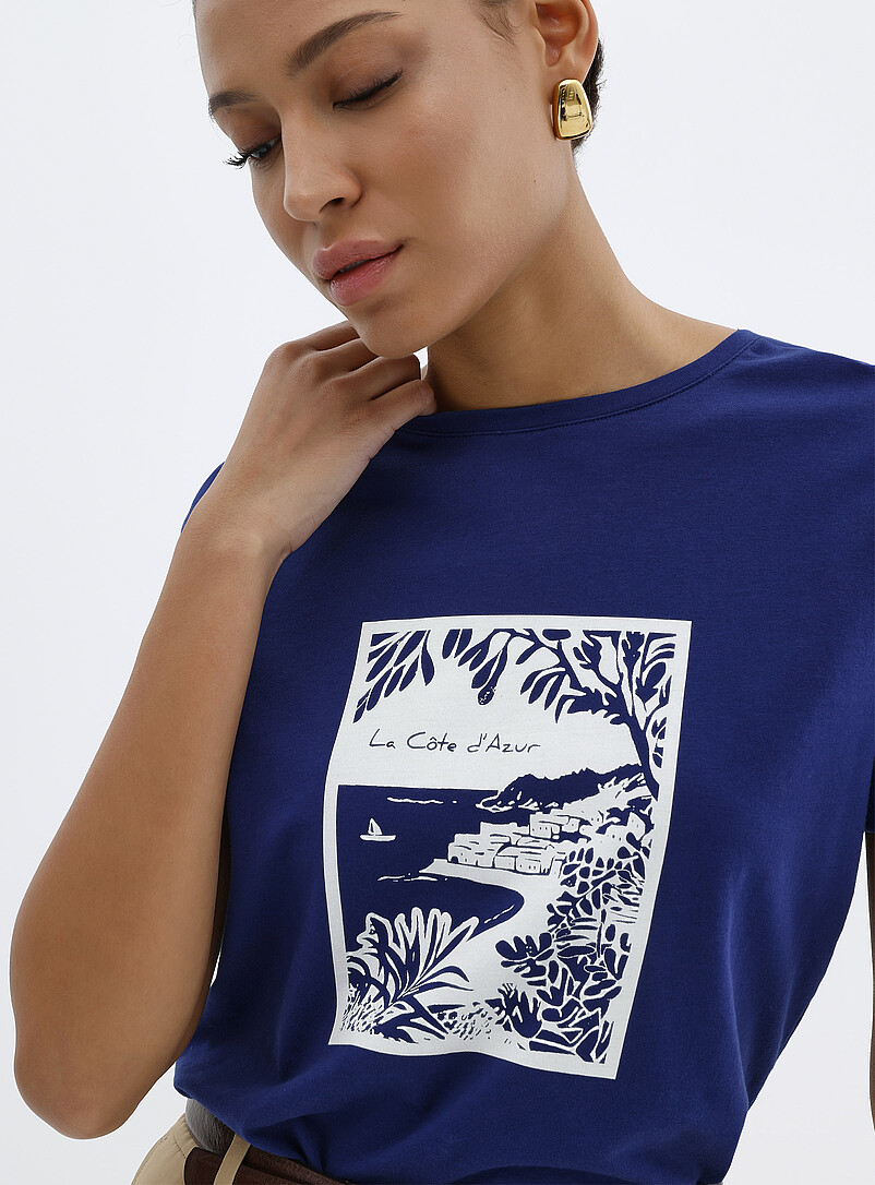 Contemporaine Patterned Black Printed Pima cotton T-shirt for women