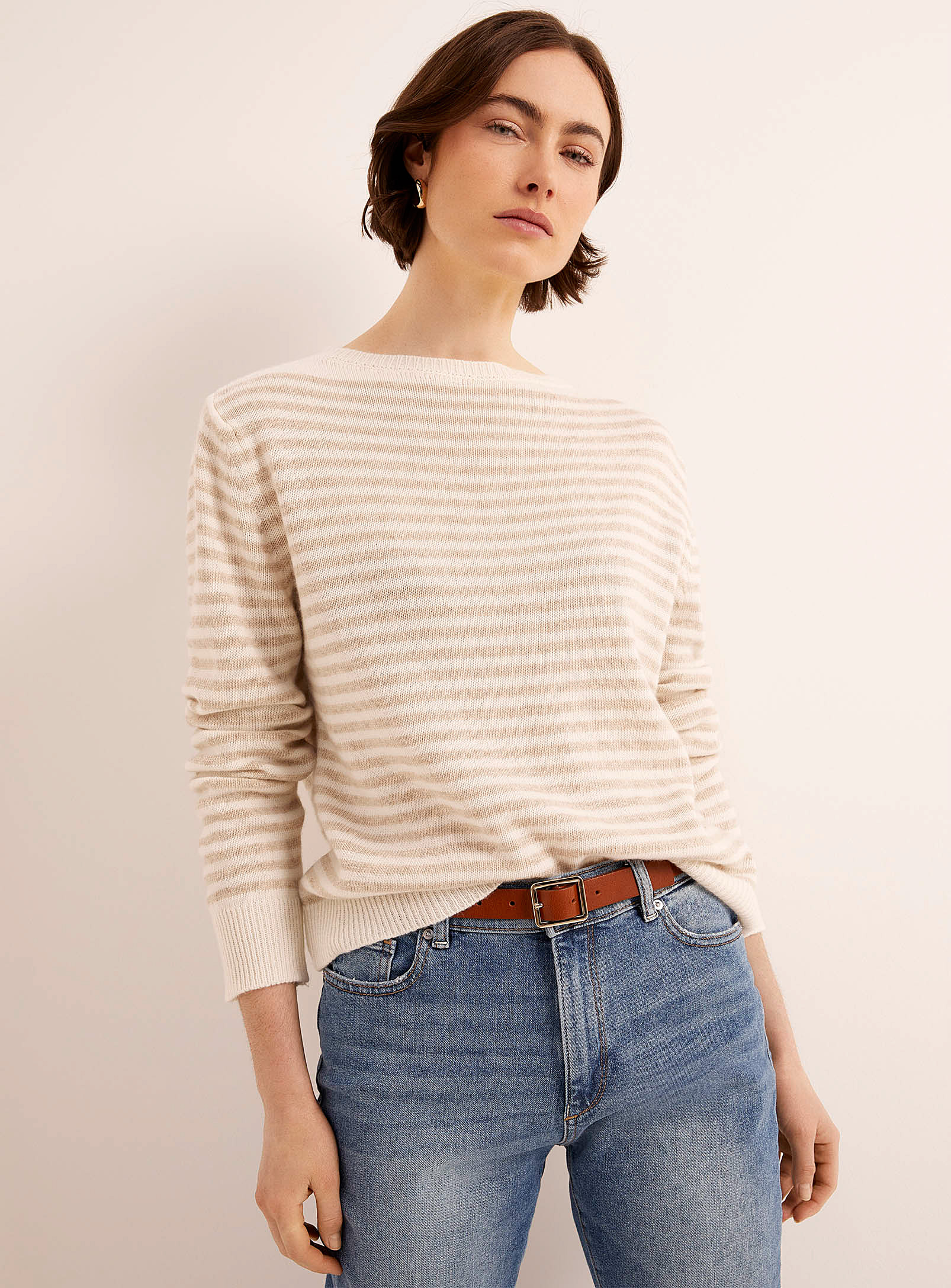 Contemporaine Touch Of Cashmere Striped Sweater In Ivory/cream Beige