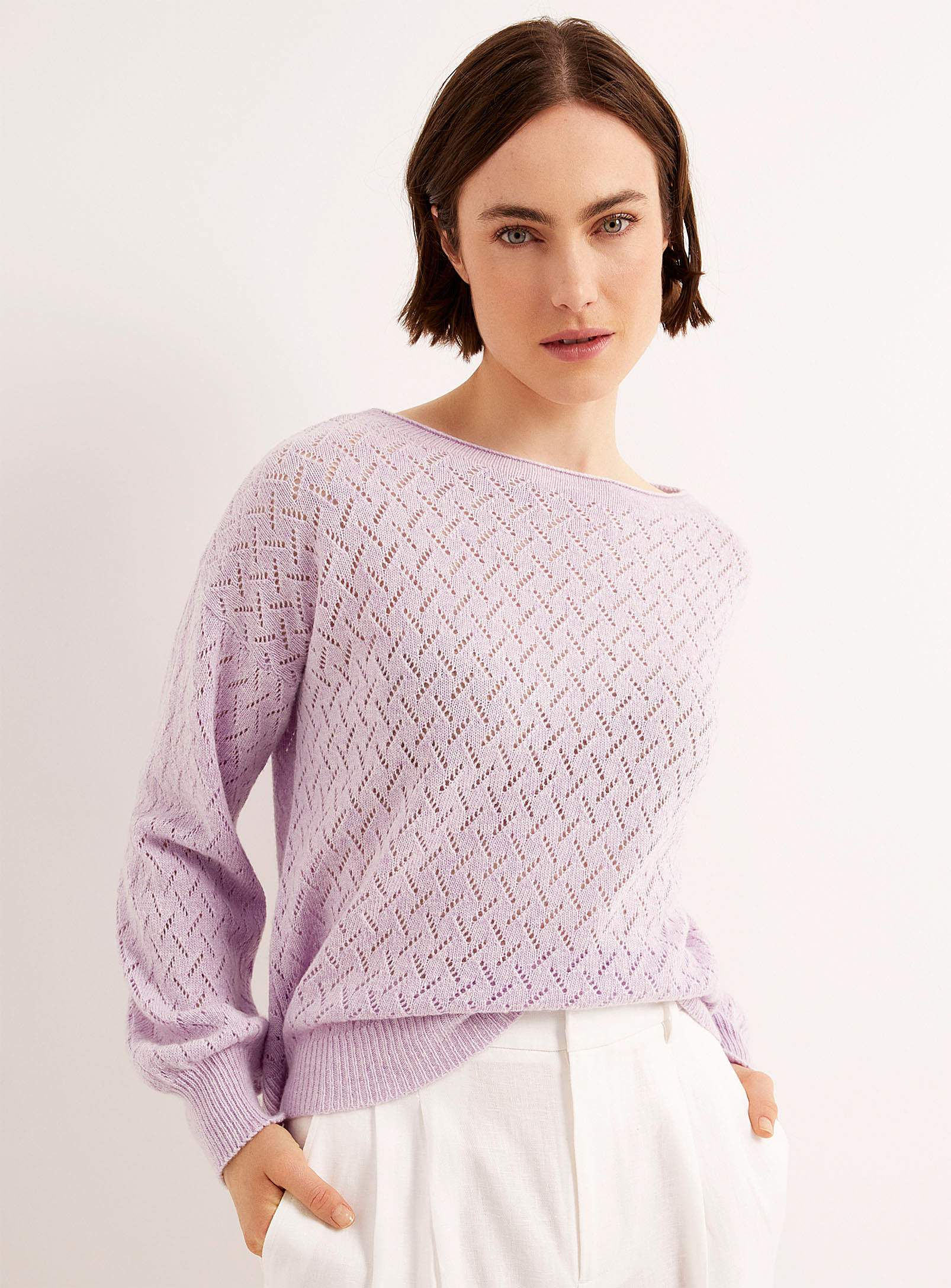 Contemporaine Touch Of Cashmere Openwork Sweater In Purple