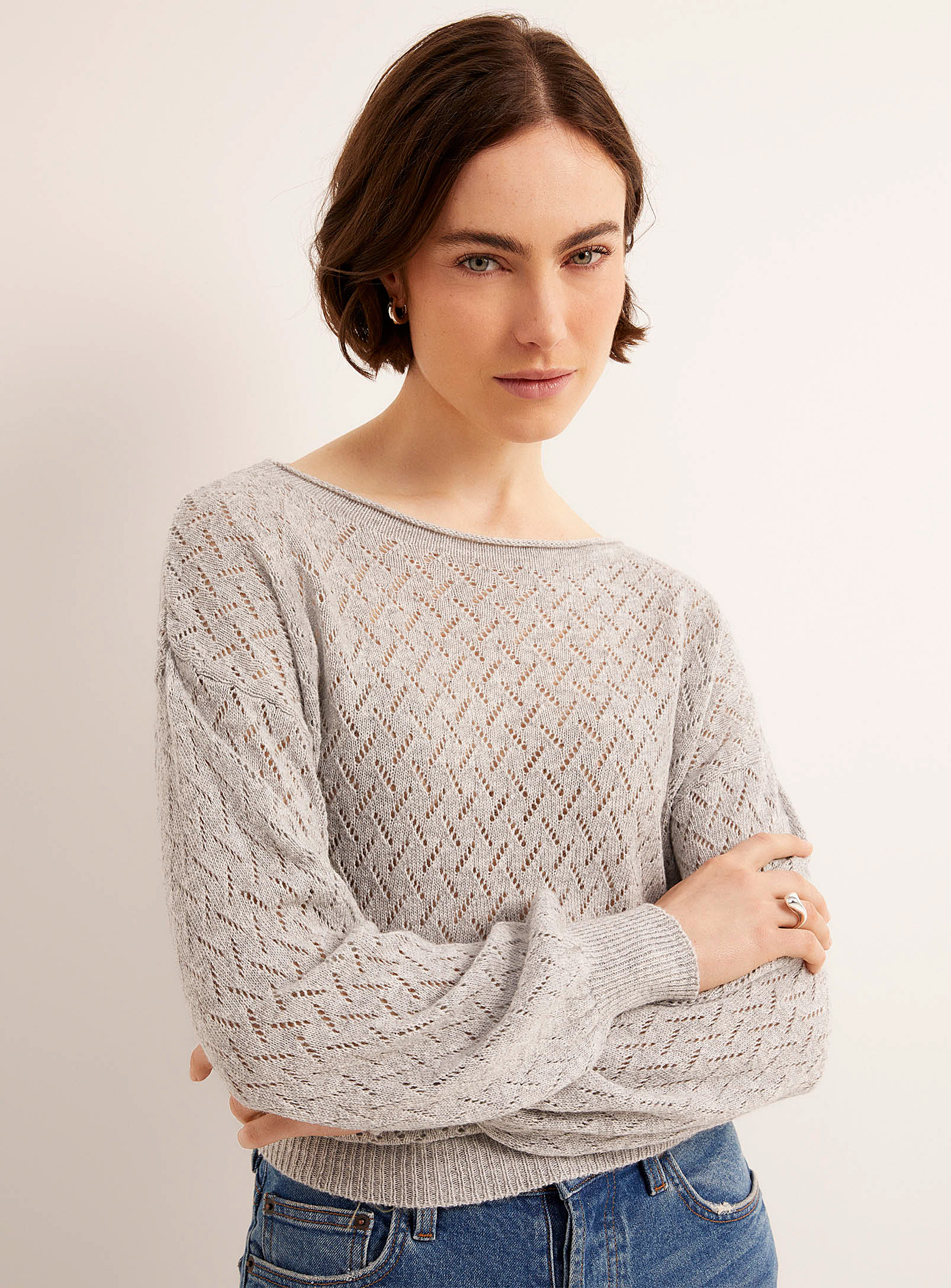 Contemporaine Touch Of Cashmere Openwork Sweater In Gray