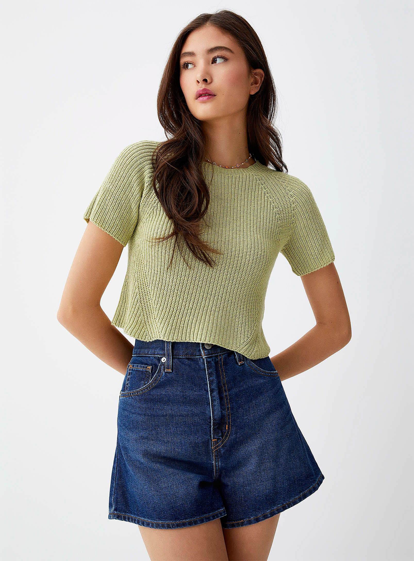 Twik Short-sleeve Ribbed Cropped Sweater In Green