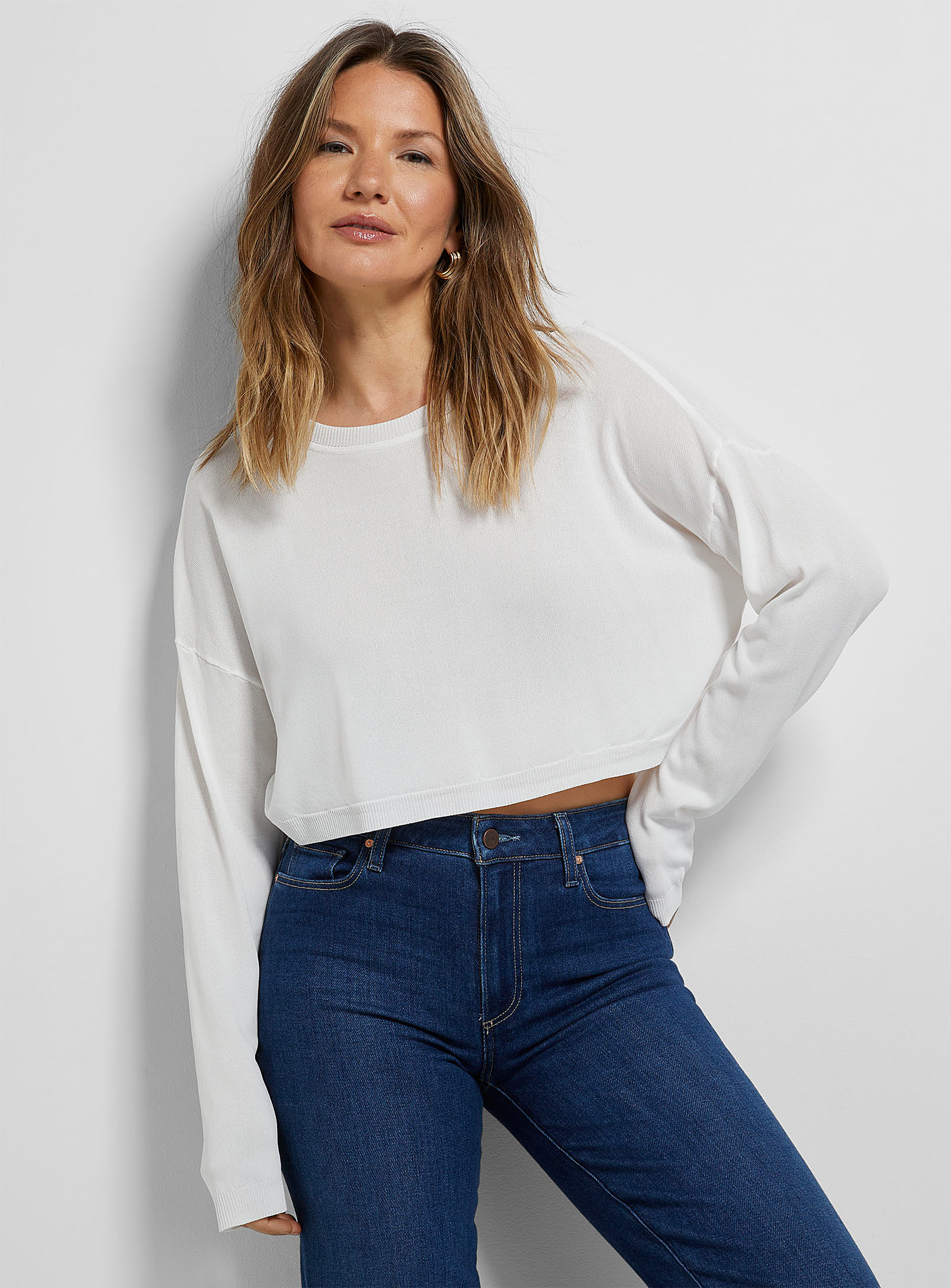 Contemporaine Sheer Cropped Sweater In White