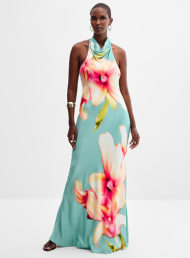 Ever New Patterned Blue Clementine floral glow satiny halter dress for women