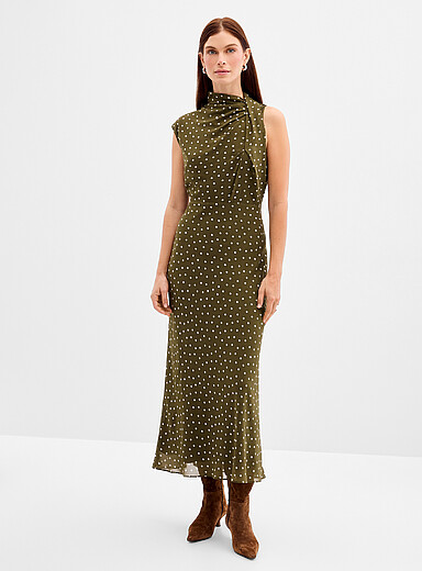 Ever New Patterned Green Sienna draped collar dotted olive dress for women