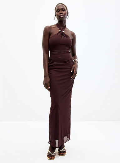 Jayni golden pin long halter dress