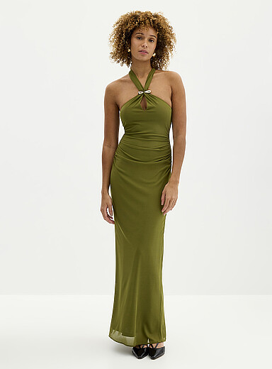 Ever New Mossy Green Jayni golden pin long halter dress for women