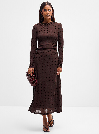 Ever New Patterned Brown Bonnie espresso velvet dots flowy dress for women
