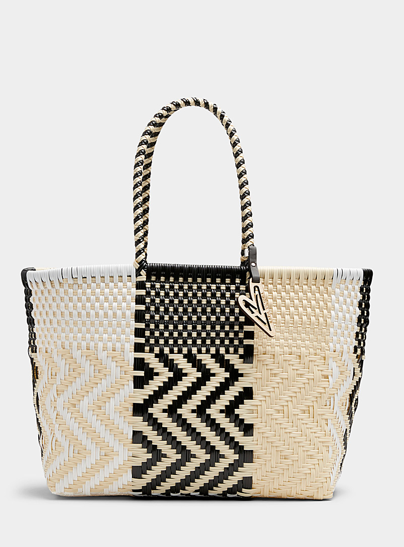 Maria Victoria Patterned White Geo basketweave tote for women