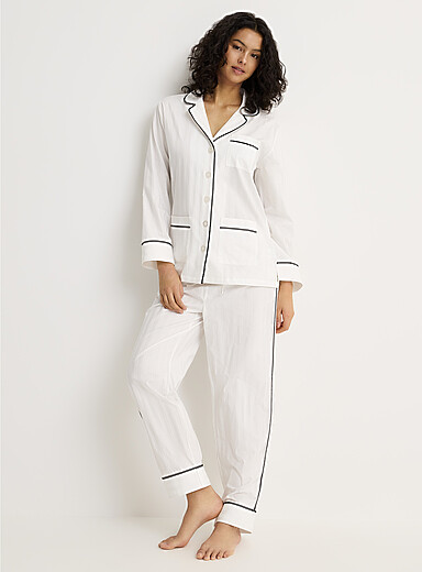 KIP White Tone-on-tone stripe piped pyjama set for women