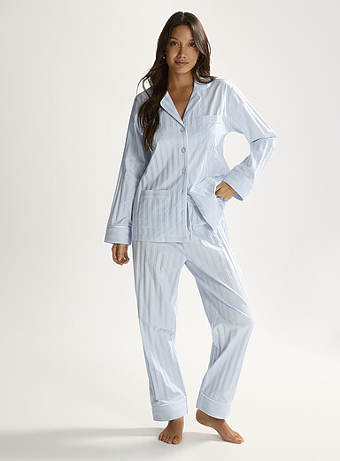 KIP Baby Blue Tone-on-tone stripe piped pyjama set for women