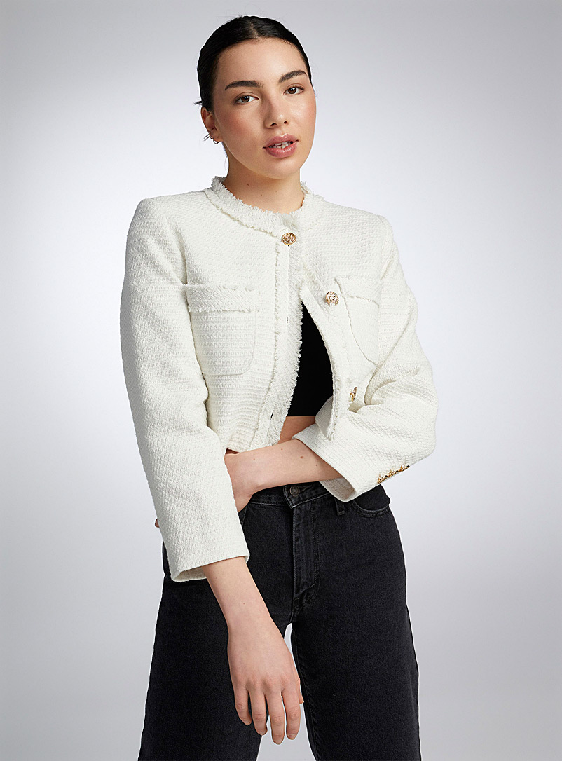 Twik Off White Frayed trim tweed blazer for women