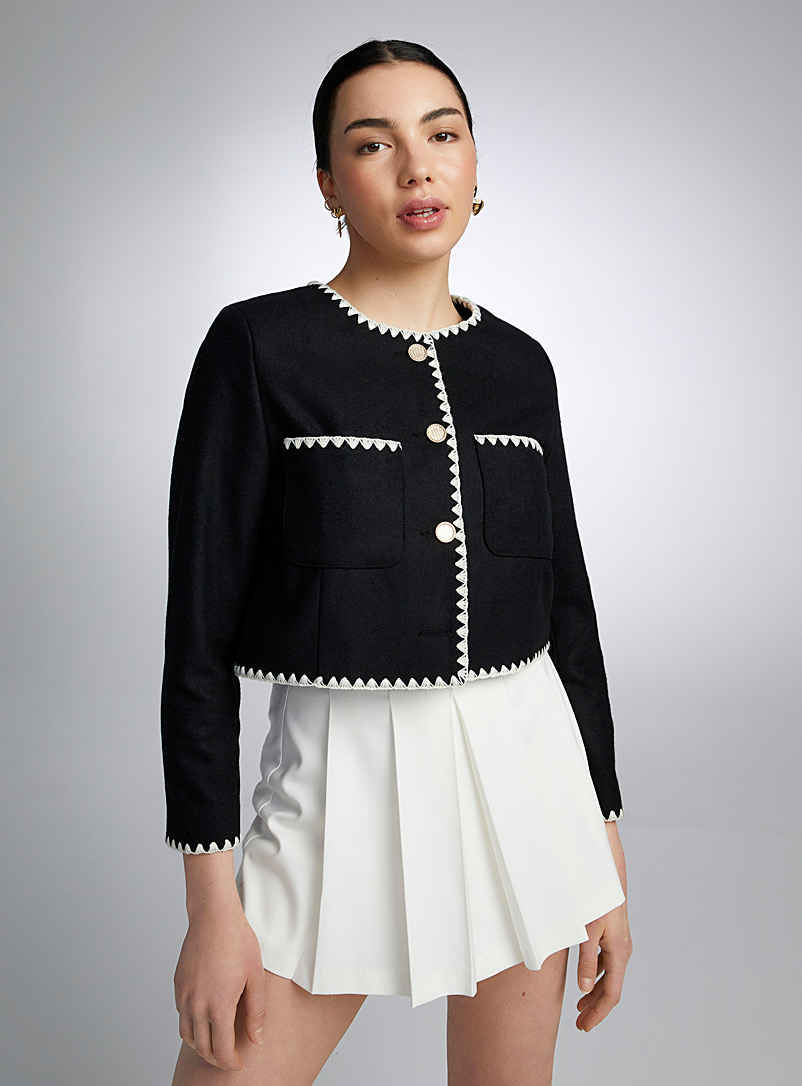Twik Patterned Black Contrasting trim tweed blazer for women