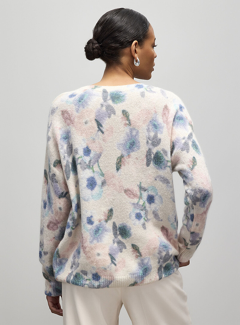 Contemporaine Patterned Blue Colorful flower garden fuzzy knit sweater for women