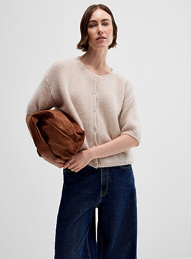 Cropped fuzzy wool and mohair cardigan <b>Exclusive collection from Italy</b>