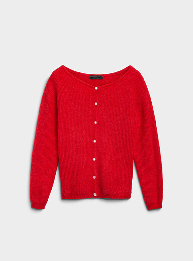 Touch of alpaca boat-neck fuzzy cardigan