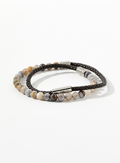 Mon Art Brown Stone and braided leather double-wrap bracelet for men