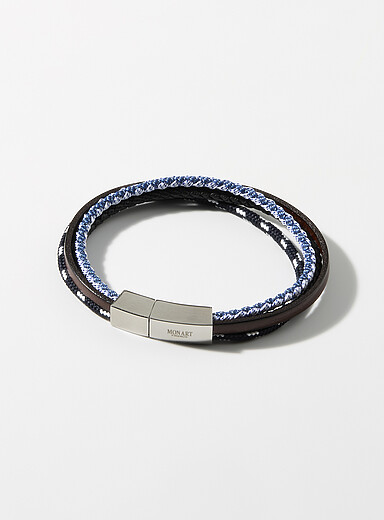 Multiple-row leather-and-cord bracelet
