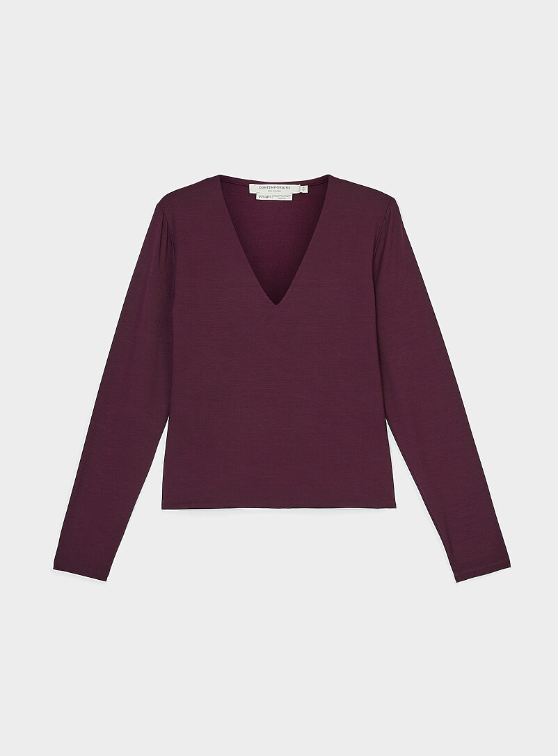 T-shirt Femme Manches Longues En Coton - Col En V, Couleur Unie - Basique Confortable Pour Quotidien Décontracté Automne/hiver - 4