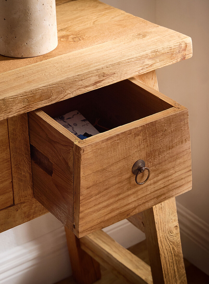 2-drawer recycled teak A-line console table product image 2