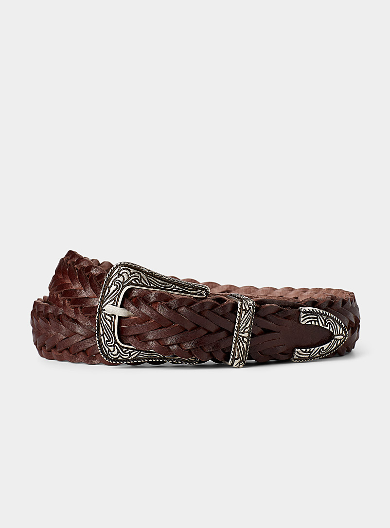 Le 31 Brown Western buckle braided belt for men