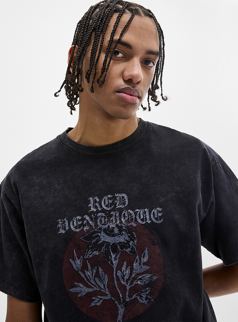 Djab Charcoal Gothic flower washed T-shirt <b>Imported from Seoul</b> for men