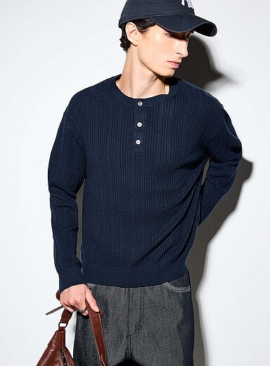 Le 31 Navy/Midnight Blue Henley collar navy sweater <b>Imported from Seoul</b> for men