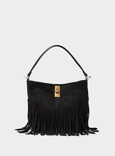 Fringed faux-suede hobo bag