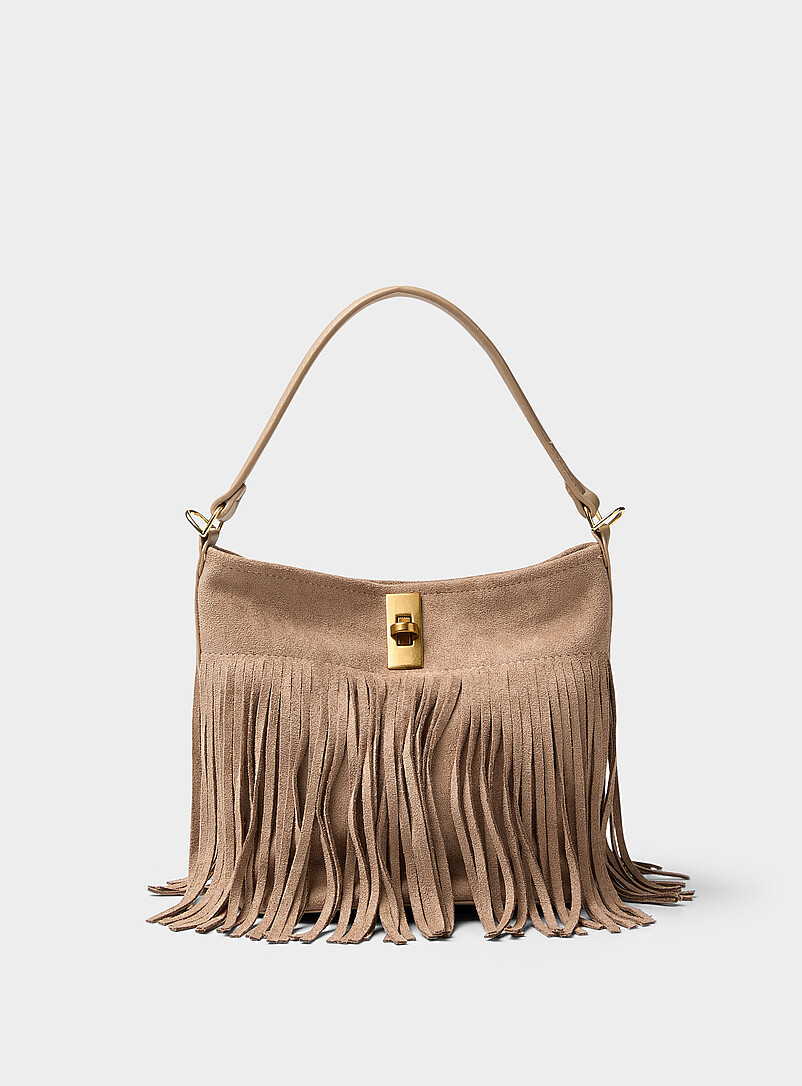 Fringed faux-suede hobo bag | Simons | Women's Handheld Bags: Shop