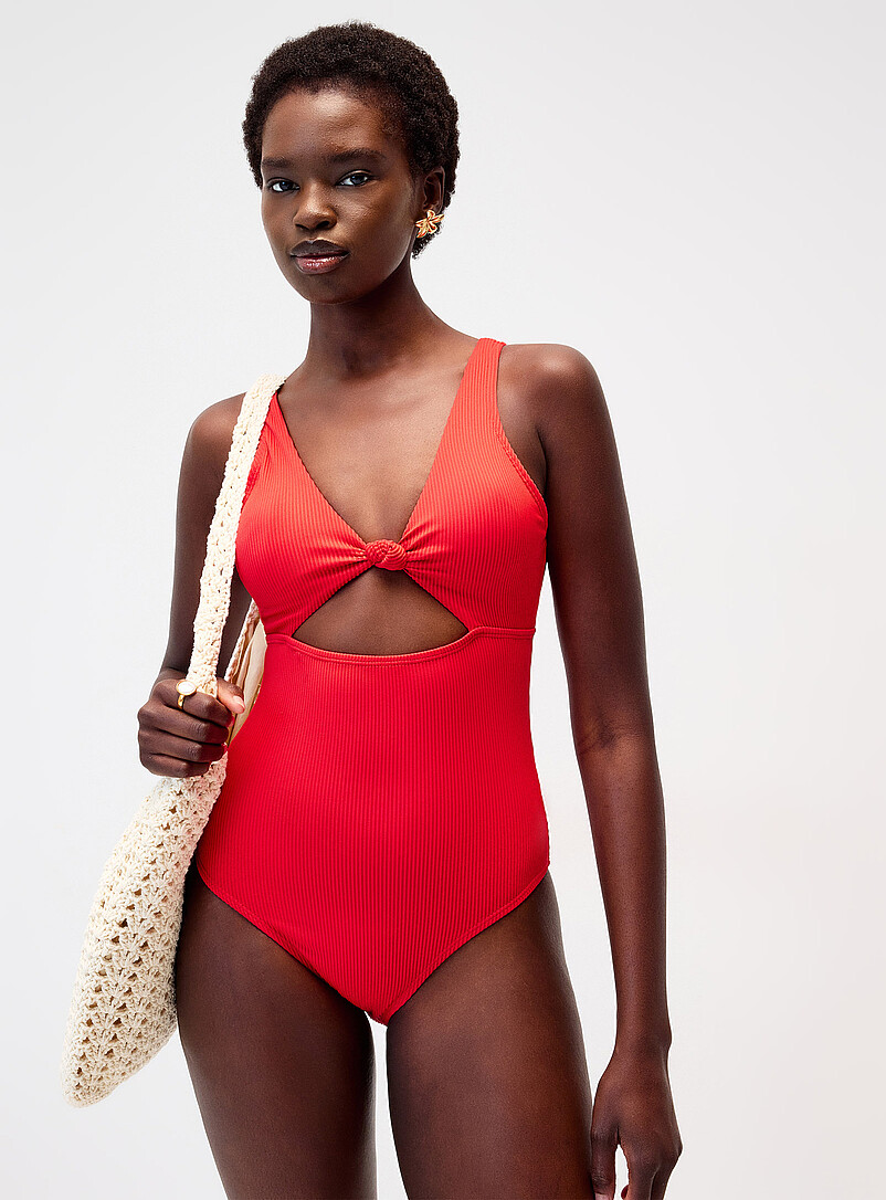 Knotted cutout ribbed red one-piece product image (primary)