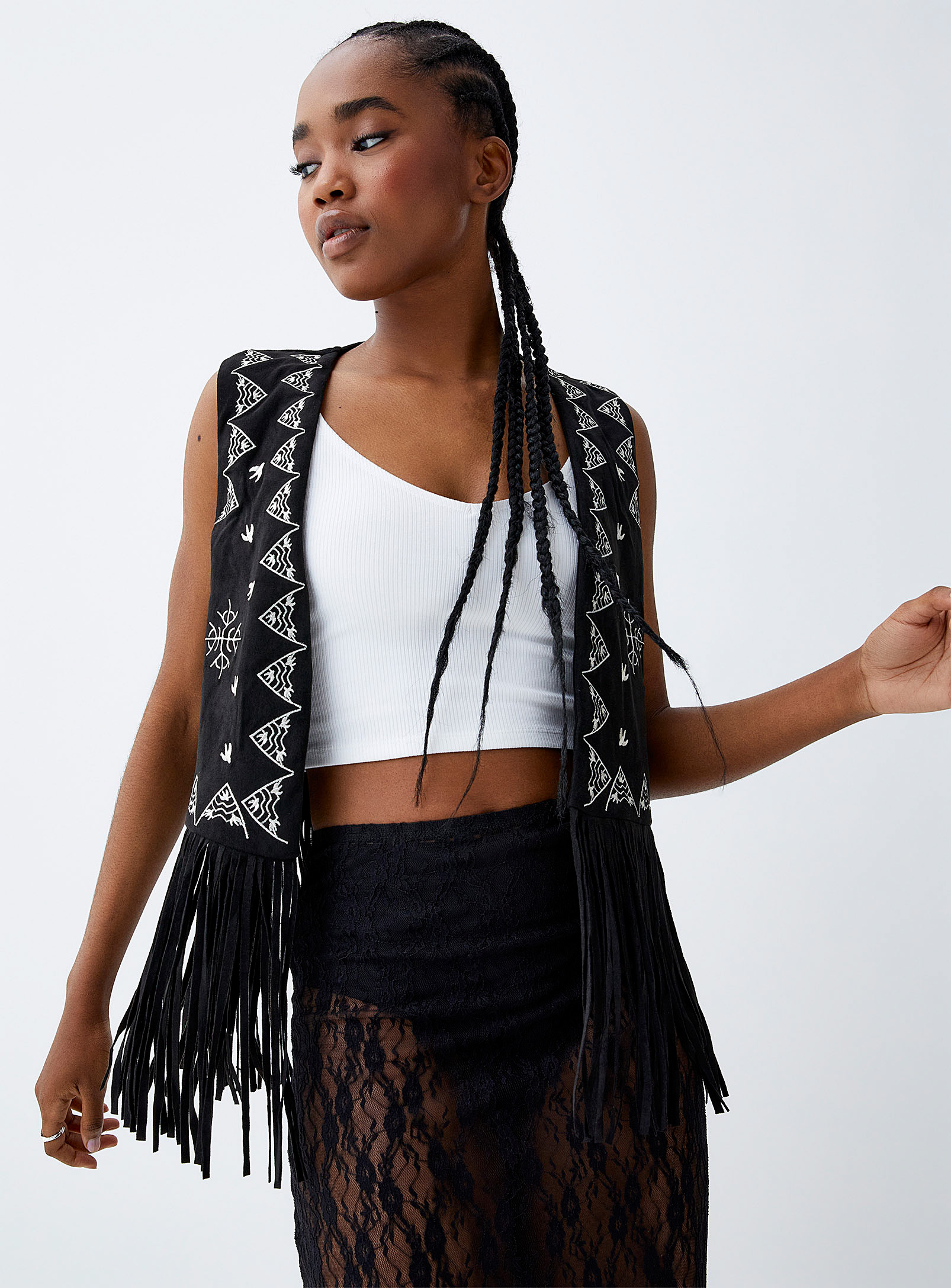 Twik Fringed And Embroidered Suede Sleeveless Jacket In Black