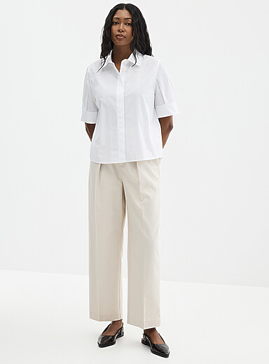Cropped pleated-sleeve poplin shirt