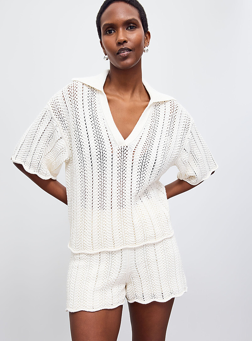 Johnny Collar Scalloped Openwork Sweater