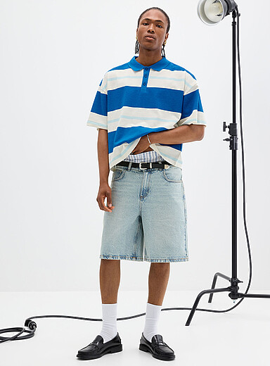 PAPI: Le polo court surdimensionn&eacute; rayures <b>Coupe ample</b> Blanc cass&eacute; pour homme
