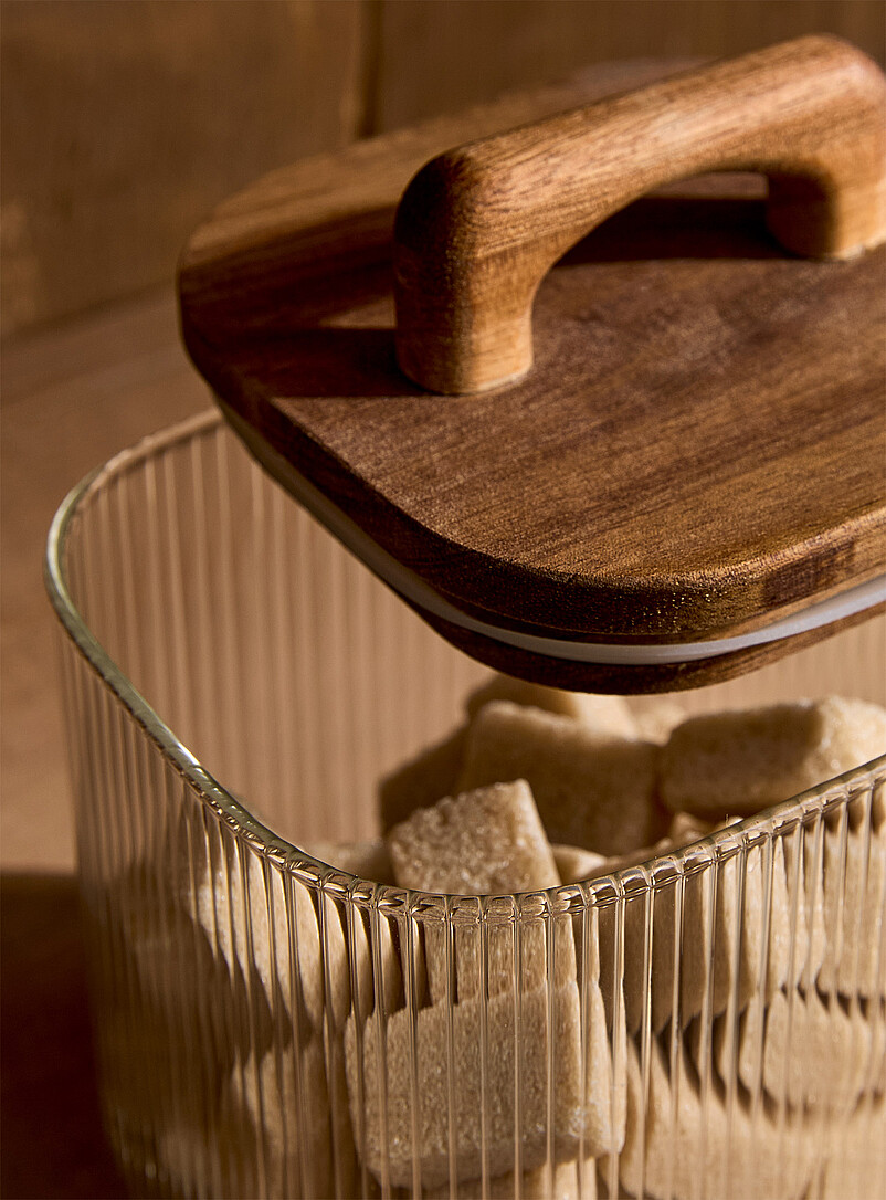 Grooved glass and wood small storage jar product image 2