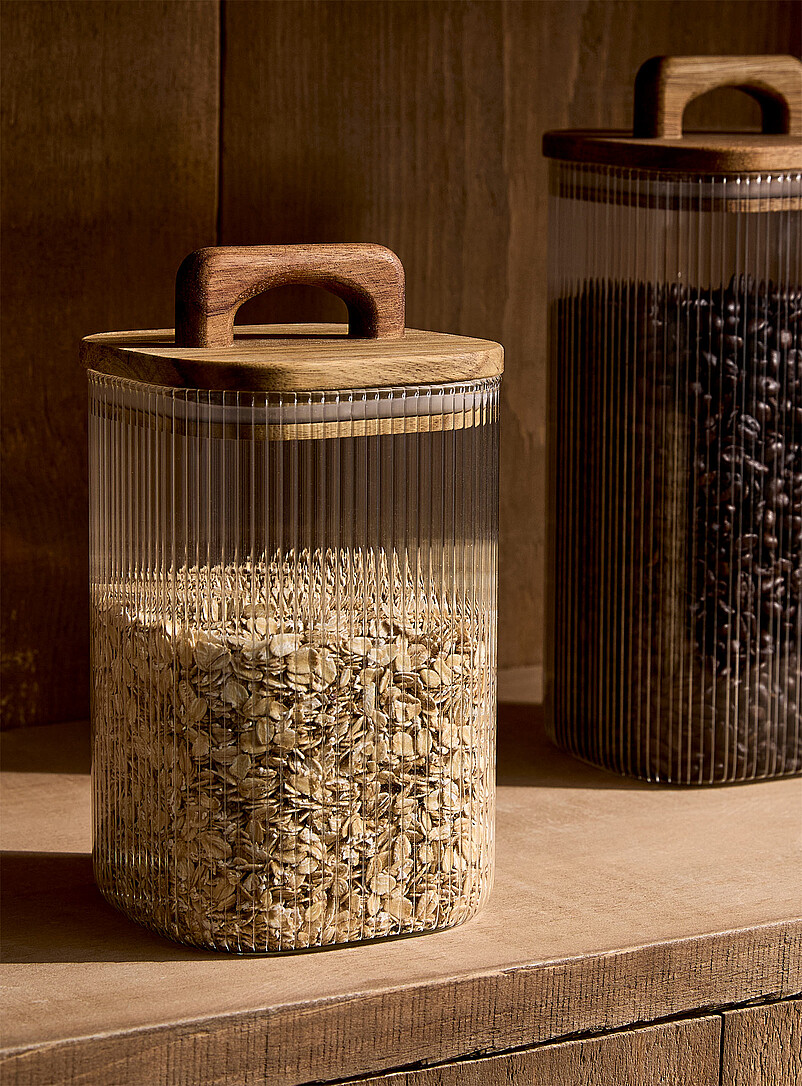 Grooved glass and wood storage jar product image (primary)
