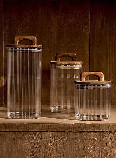 Grooved glass and wood storage jar