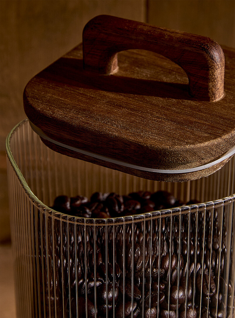 Grooved glass and wood large storage jar product image 2