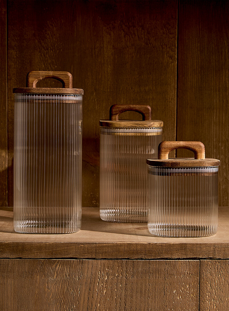 Grooved glass and wood large storage jar product image 3