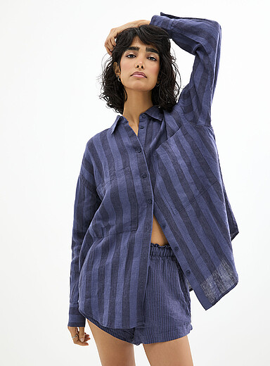 Left On Friday Baby Blue Cute striped linen short for women