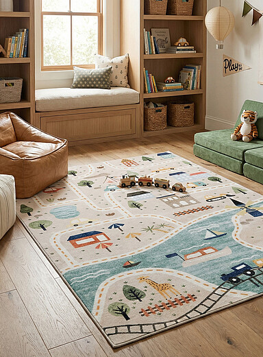 Simons Maison: Le tapis de jeu illustr&eacute; ville baln&eacute;aire Voir nos formats offerts Bleu &agrave; motifs