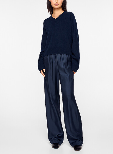 Loulou de Saison Navy/Midnight Blue Alera 100% silk wide-leg pant for women