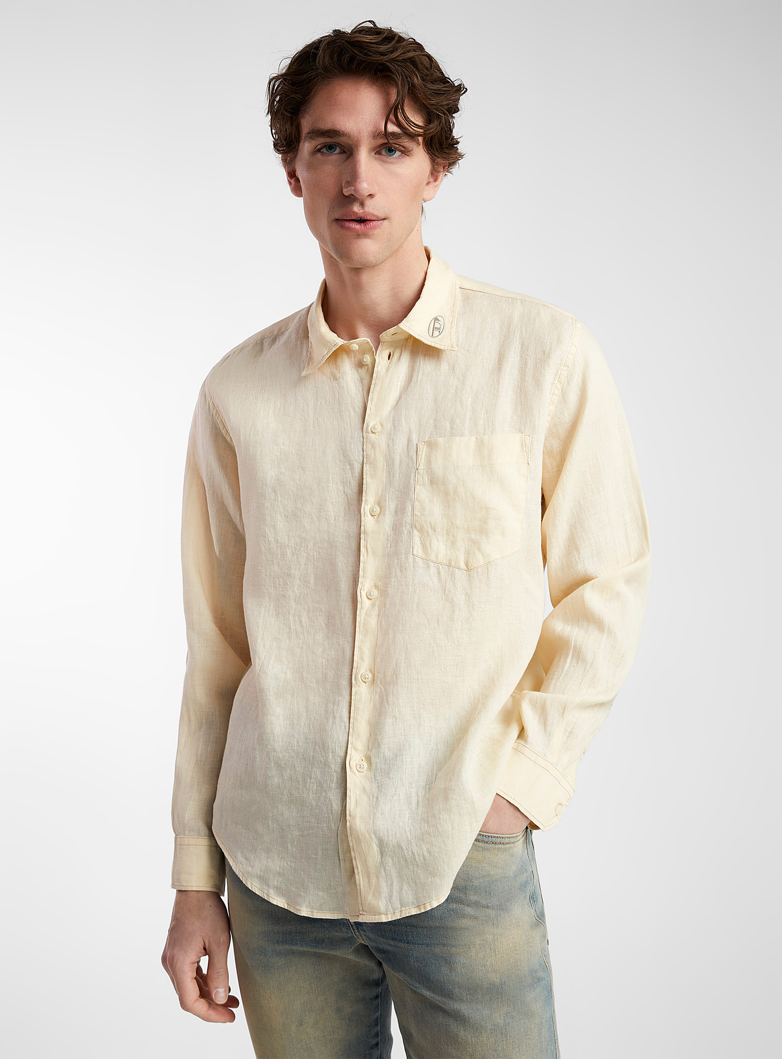 Diesel S-emil Embroidered Collar Linen Shirt In Ivory White